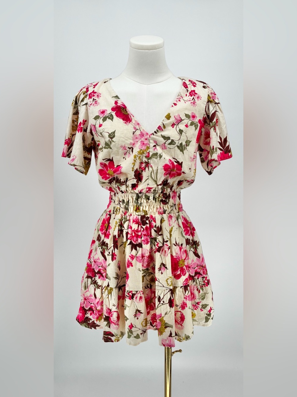 Abercrombie Floral Smocked Waist Linen Blend Flutter Sleeve Tiered Mini Dress SP - Picture 4 of 13